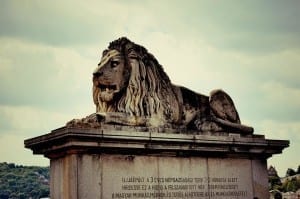Uma das várias estátuas de leão espalhadas pela cidade de Budapeste, Hungria