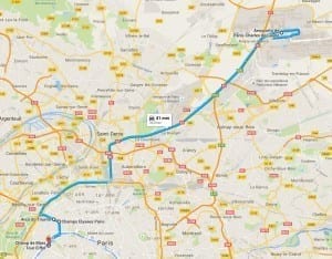 Percurso feito por Gisele durante 9 horas de conexão em Paris, França