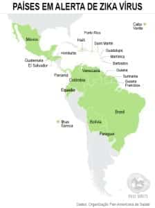 Mapa dos países em alerta de zika vírus