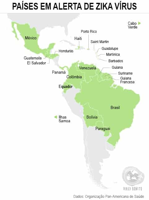 Mapa dos países em alerta de zika vírus.