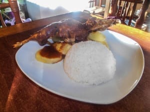 Almoçando cuy, um prato típico do Peru