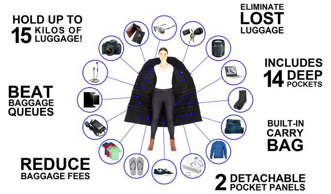 A jaqueta comporta até 15kg de bagagem