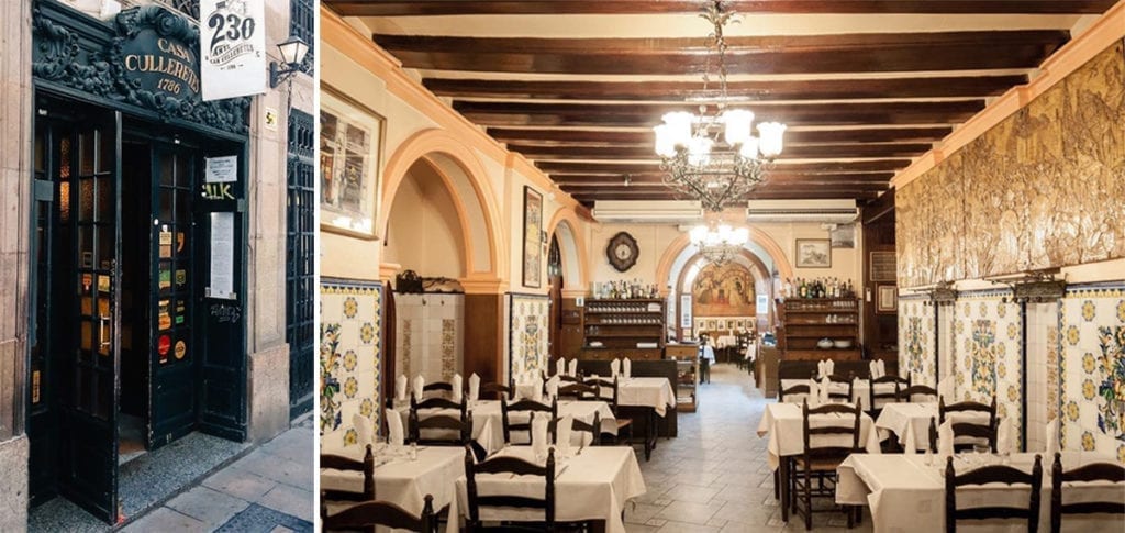 Fachada e interior do Can Culleretes, o restaurante mais antigo da Catalunha