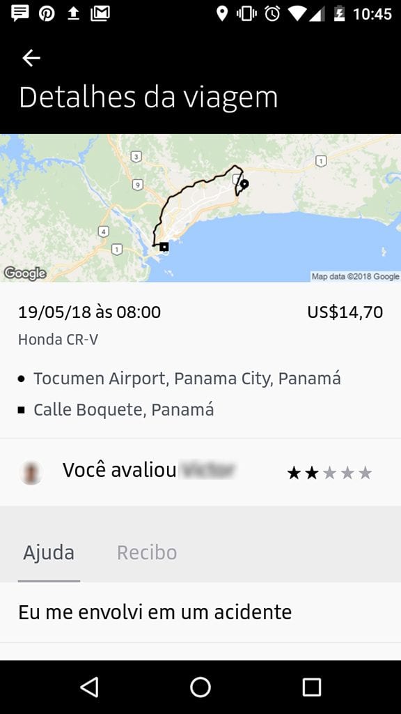 Valor atualizado após o reembolso feito pela Uber na Cidade do Panamá