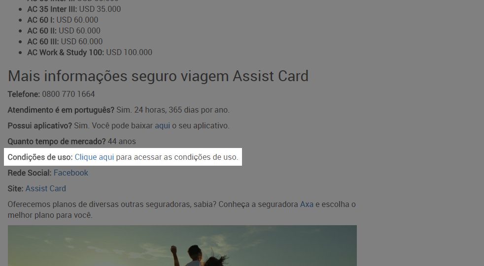 Link para as condições de uso da Assist Card, usada como exemplo