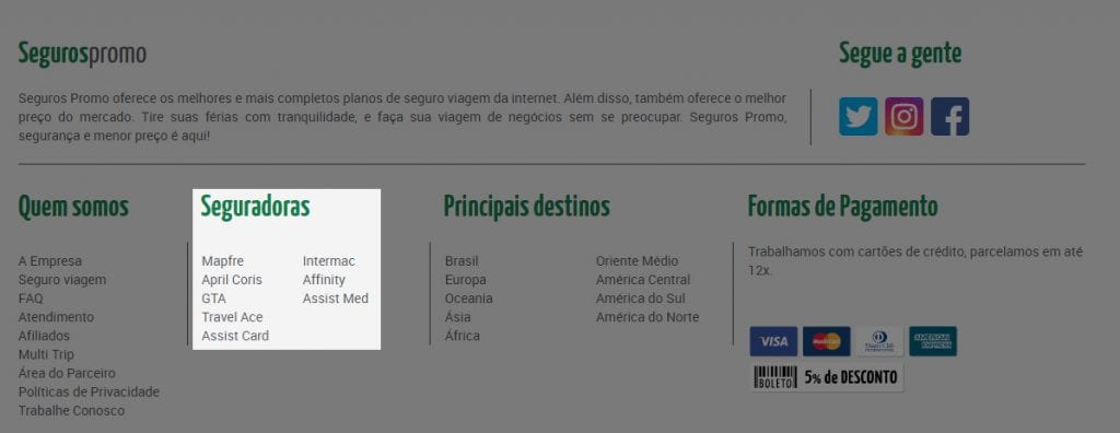 Lista com as empresas seguradoras no site da Seguros Promo