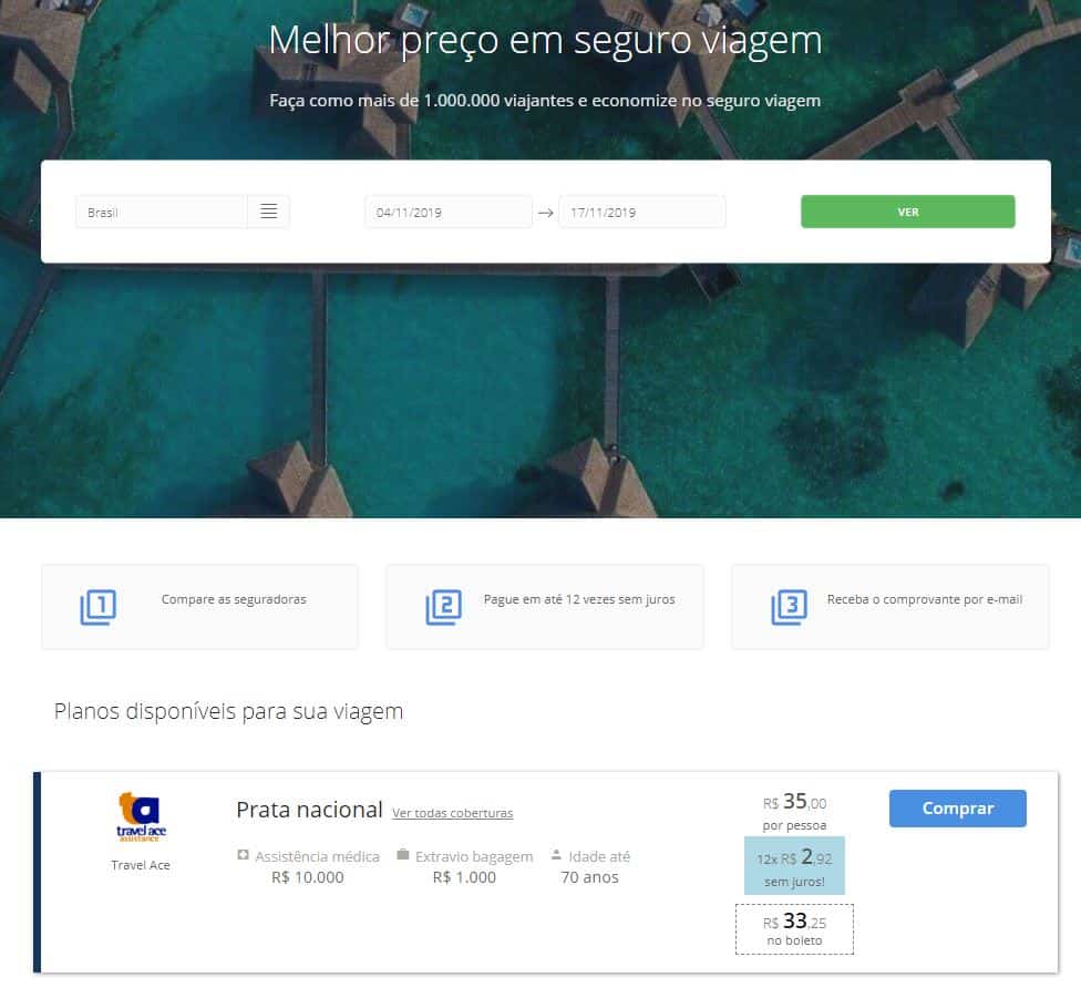 Exemplo de cotação de seguro viagem nacional pela Real Seguro Viagem