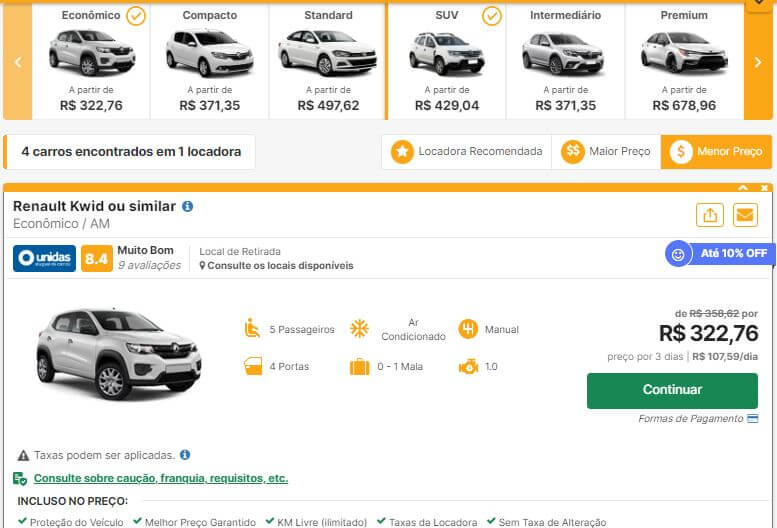 Simulação preços aluguel de carro em Monte Verde