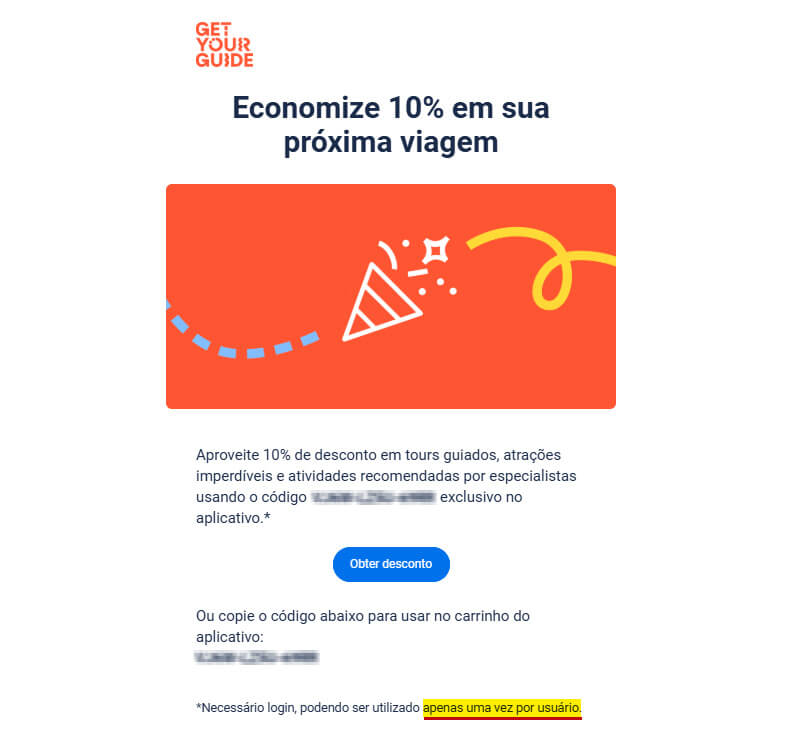 E-mail com código de desconto da GetYourGuide