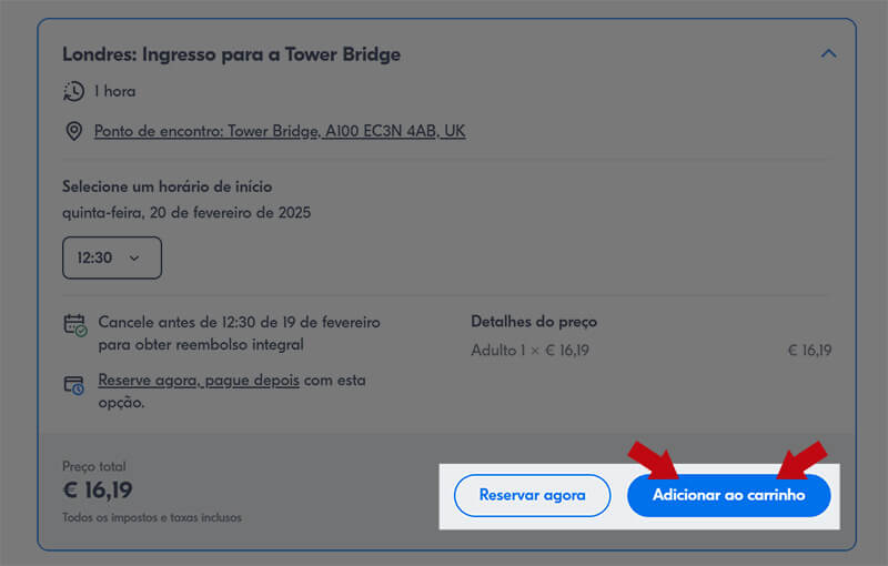 Etapa 2, adicionar ao carrinho GetYourGuide