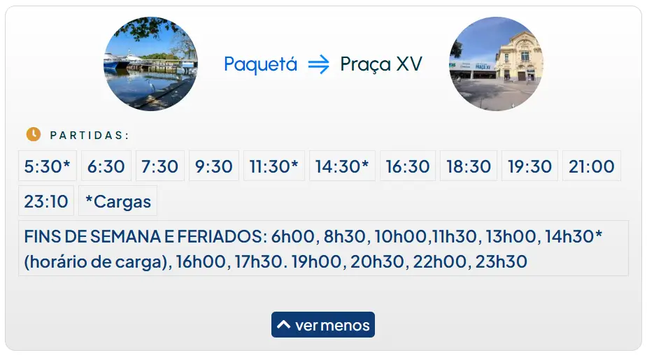 Horários de barcas Ilha de Paquetá - Praça XV em 2025