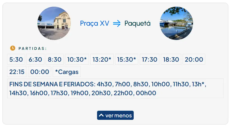 Horários das barcas Praça XV - Paquetá em 2025